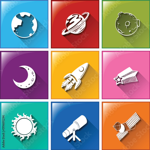 Solar system and galaxy icons featuring saturn and earth vector