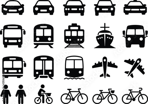 Black and white of various transportation modes and people cars