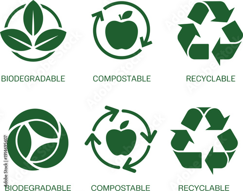 Green biodegradable compostable recyclable symbols with leaves and apple