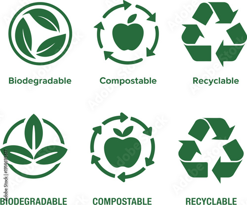 Green biodegradable compostable recyclable symbols with text labels