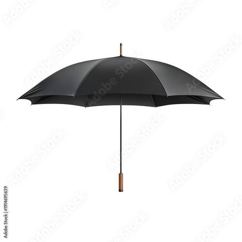 Modern black umbrella with wooden handle and sleek design on transparent background