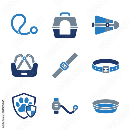 A grid of nine stylized vector icons in blue and gray, depicting various pet accessories and care items like leashes, carriers, harnesses, collars, and bowls.