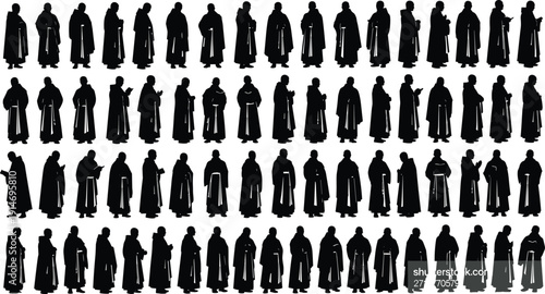 Collection of Sixty Monk Silhouette Vector Illustration Set, Different Religious Figures in Traditional Robes Standing for Spiritual Faith Monastery and Sacred Cultural Design,