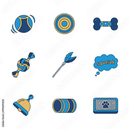 A collection of colorful flat-design vector icons showcasing various toys and accessories for pets like dogs and cats, including balls, bones, rope toys, and essential items.