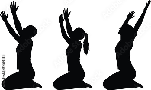 Collection of Three Women Praying Silhouette Vector Illustration Set, Female Figures Kneeling with Raised Arms for Religious Spiritual Faith and Divine Worship Design,