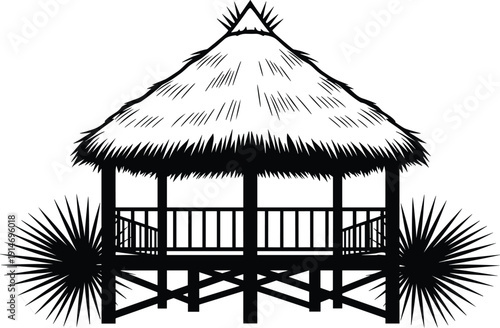 Tropical Beach Hut Silhouette Vector Illustration with Thatched Roof and Palm Leaves for Summer Vacation Travel Exotic Island Resort and Coastal Living Design,