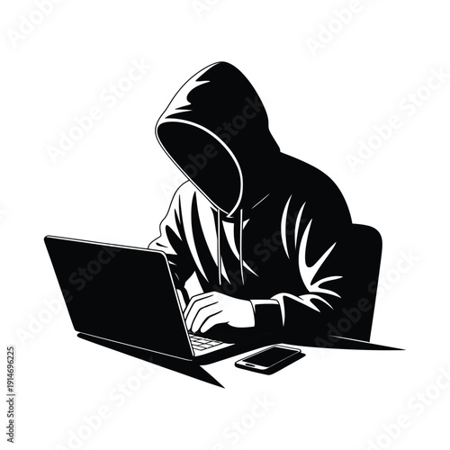 Computer hacker with laptop icon vector illustration silhouette, cyber crime and hacking concept, anonymous programmer figure, digital security threat symbol, simple black shadow style isolated.
