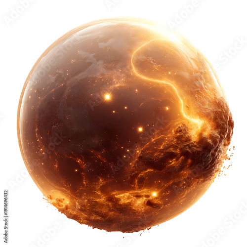 Glowing orange planet with fiery energy and molten surface elements on transparent background