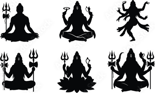 Collection of Lord Shiva Silhouette Vector Illustration Set, Hindu God in Meditating Yoga Lotus Pose with Trident for Religious Spiritual and Indian Cultural Design,