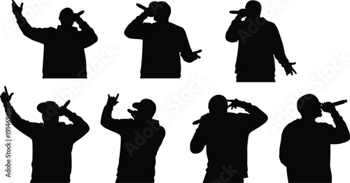 Black Silhouettes of Male Rappers and Hip Hop Singers Performing with Microphones in Different Poses Set Isolated on White Background for Urban Music Design
