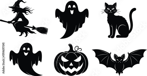 Large set of black silhouettes featuring a flying witch cat spooky ghosts jack o lantern pumpkin and bat isolated on white background for Halloween design