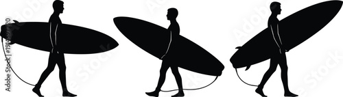 Black silhouette of three male surfers carrying surfboards in different positions walking against white background for summer vacation and water sports lifestyle concept