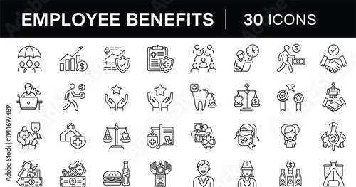 Employee benefits and corporate perks line icon set with 30 editable health insurance, retirement, and workplace wellness symbols.