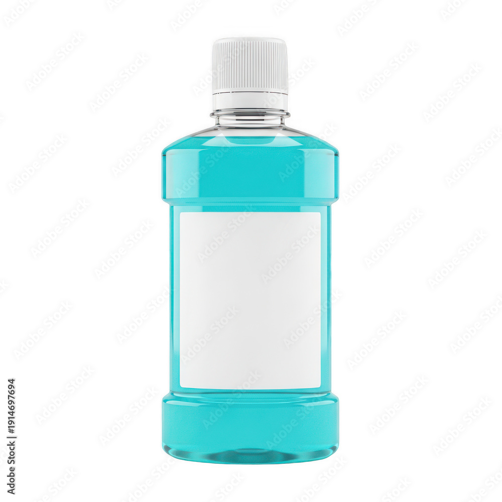 Fototapeta premium A bottle of mint-flavored mouthwash standing upright against a white background isolated on transparent background
