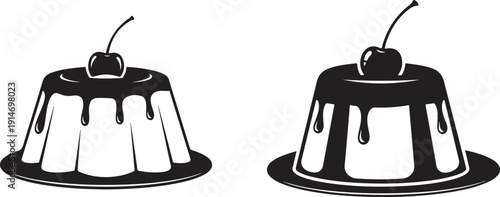 Two black and white illustrations of chocolate puddings each topped with a single bright cherry