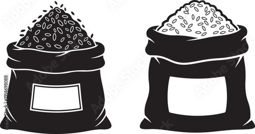 Two black and white illustrations depict full sacks or bags overflowing with granular material high quality