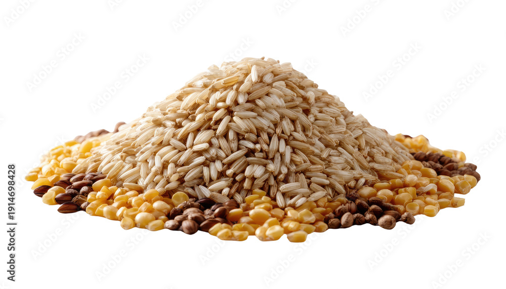 Obraz premium Mixed Grains Mountain: A vibrant composition of diverse grains, meticulously arranged, representing the bounty of the harvest. A celebration of culinary heritage.