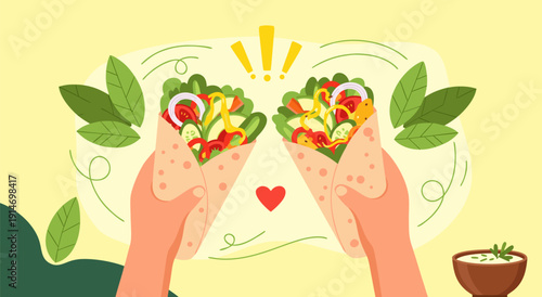 Healthy food vector illustration of two hands holding delicious wraps, with leaves and heart symbol
