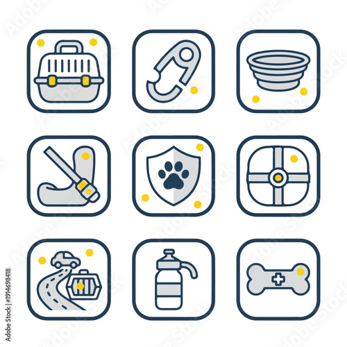 A collection of nine colorful vector icons depicting various pet care essentials, including carriers, safety items, food/water, health, and travel gear.