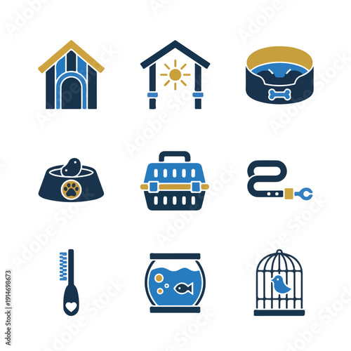 A set of nine stylized blue and gold vector icons illustrating essential pet supplies, care items, and habitats for various domestic animals.