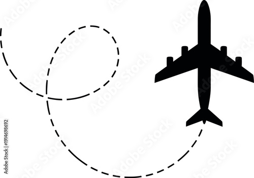 A black silhouette of an airplane flying in a circular path on a white background