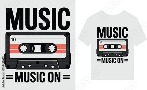Retro music cassette tape t-shirt with Music On" text , music, cassette, tape, audio, retro, vintage