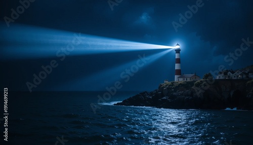 Dramatic lighthouse beam cutting through dark ocean waters at night