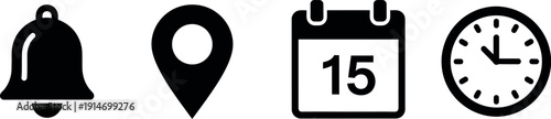 A notification icon set featuring a bell, location pin, calendar, and clock on a clean white background.
