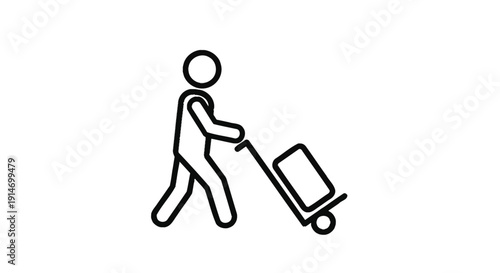 Minimalist line art icon depicts a traveler pulling luggage on a wheeled cart