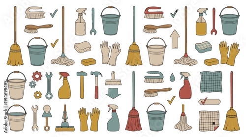 Various cleaning tools and supplies for household chores