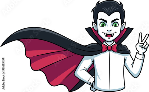 A cartoon vampire character making a peace sign with his hand in a playful gesture.