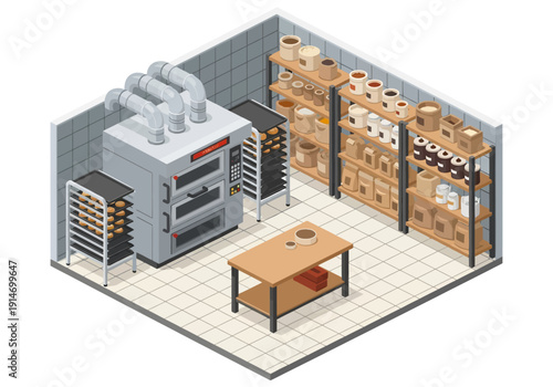 Industrial laboratory interior with equipment and storage shelves viewed from an isometric perspective