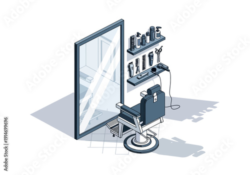 A 3D isometric illustration of a dental clinic setup with equipment and tools on a white background viewed from an angle
