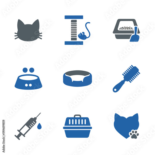 A set of nine bicolor vector icons showcasing common essentials and services for domestic cat care, including health, hygiene, and play.