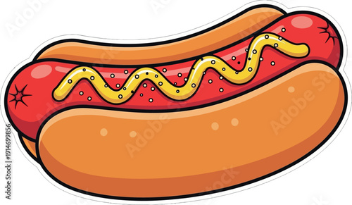 A cartoon hot dog with ketchup and mustard on a white background