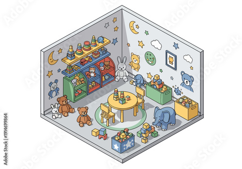 Isometric illustration of a child's playroom with toys, furniture, and decorations from an overhead viewpoint