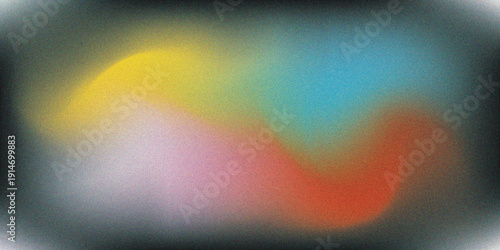 A vibrant abstract background features glowing blue and rainbow waves of light flowing through a dark space with a digital motion blur texture