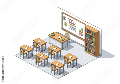 Isometric illustration of a classroom with desks, chairs, whiteboard, and bookshelves viewed from above