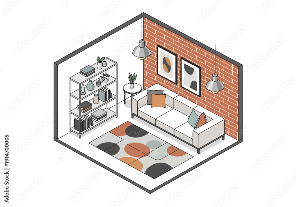 Obraz premium Isometric illustration of a modern living room with furniture, decor, and brick wall, viewed from above in a 3D perspective.