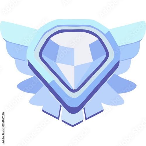 A stylized blue gemstone with wings is displayed prominently.