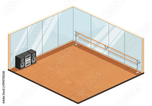 Dancing studio with wooden floor, mirror wall, and stereo system in a serene environment viewed from an aerial perspective