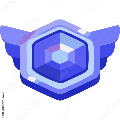 A blue graphic illustration of a hexagon with wings on a white background.