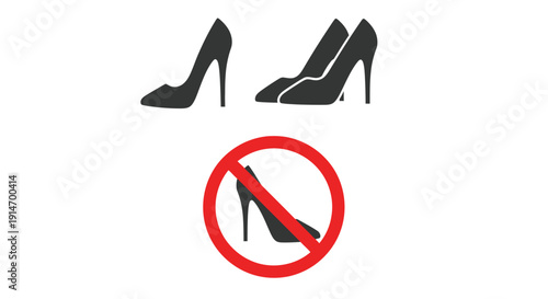Set of high heel shoe icons illustrating footwear symbols and prohibition signs clearly visible