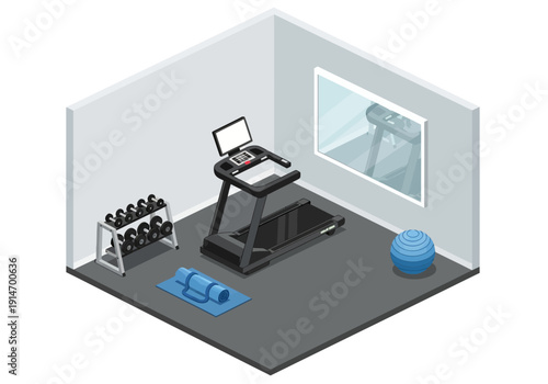 Modern home gym setup with treadmill, dumbbells, and yoga mat in a gray room with a window