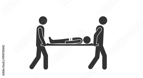 Stick figures depict emergency medical workers carrying an injured or sick person on a stretcher