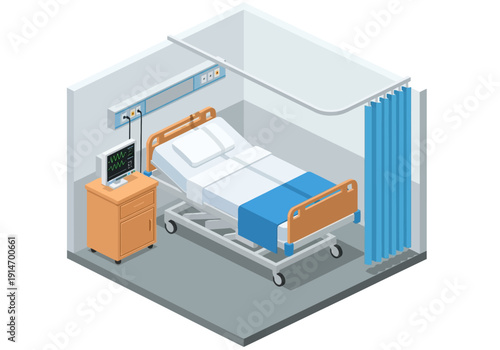Hospital room with a bed, medical equipment, and a curtain, viewed from above in a 3D illustration