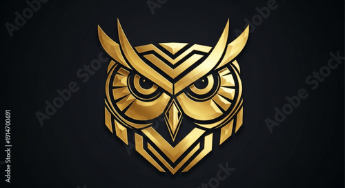 Golden Owl Head Emblem Abstract Geometric Design.