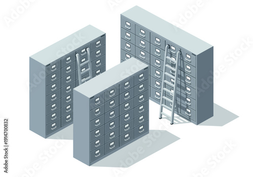 Isometric illustration of server racks with open cabinet, showcasing data center equipment from a 3D viewpoint
