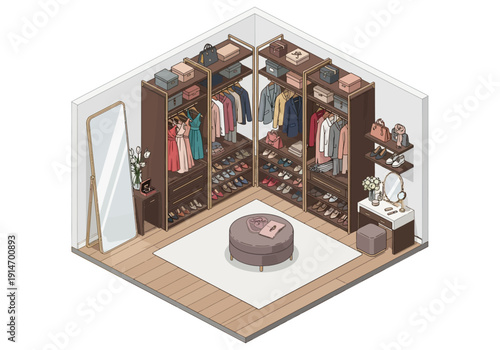Modern walk-in closet with organized clothing and accessories, featuring a central ottoman and mirror, isometric view