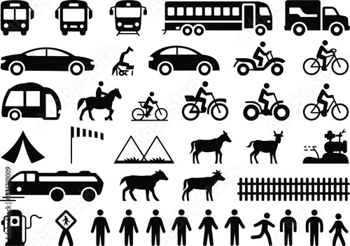 Black and white of vehicles, animals, people, and outdoor activities truck